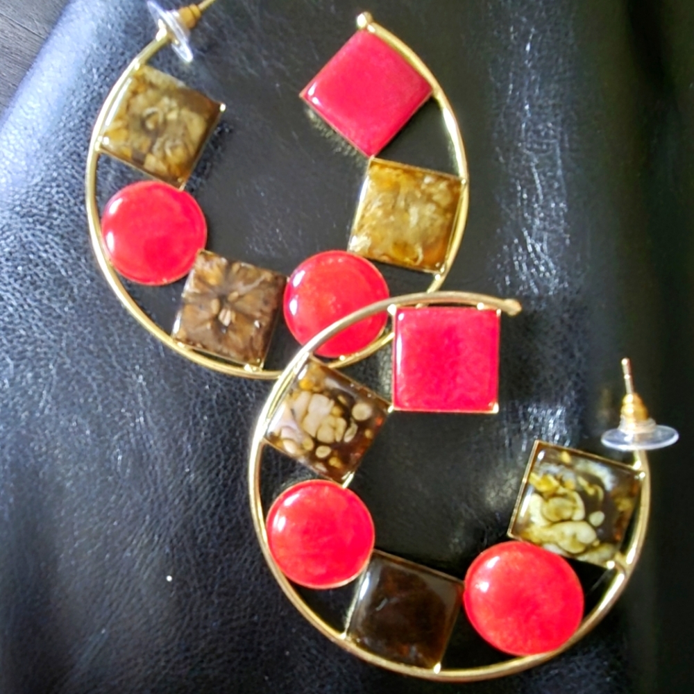 Sassy Jones Elegant Gold and Red Hoop Earrings